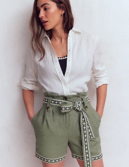 Paperbag Linen Belted Shorts-Green Grey Embroidery