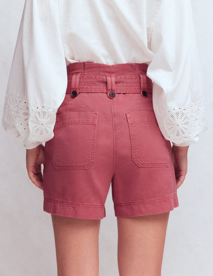 Paperbag Linen Belted Shorts-Cherry Blush