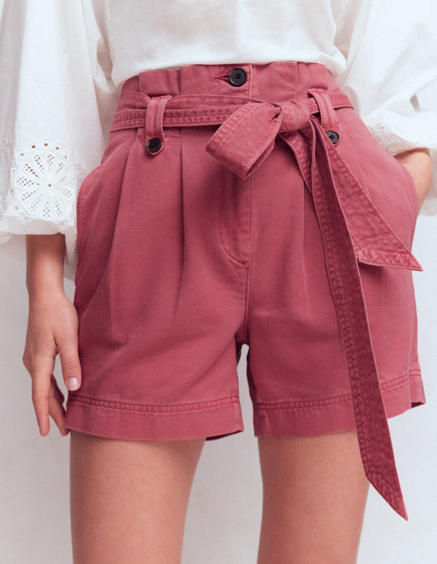 Paperbag Linen Belted Shorts-Cherry Blush