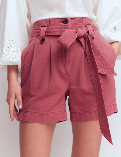 Paperbag Linen Belted Shorts-Cherry Blush