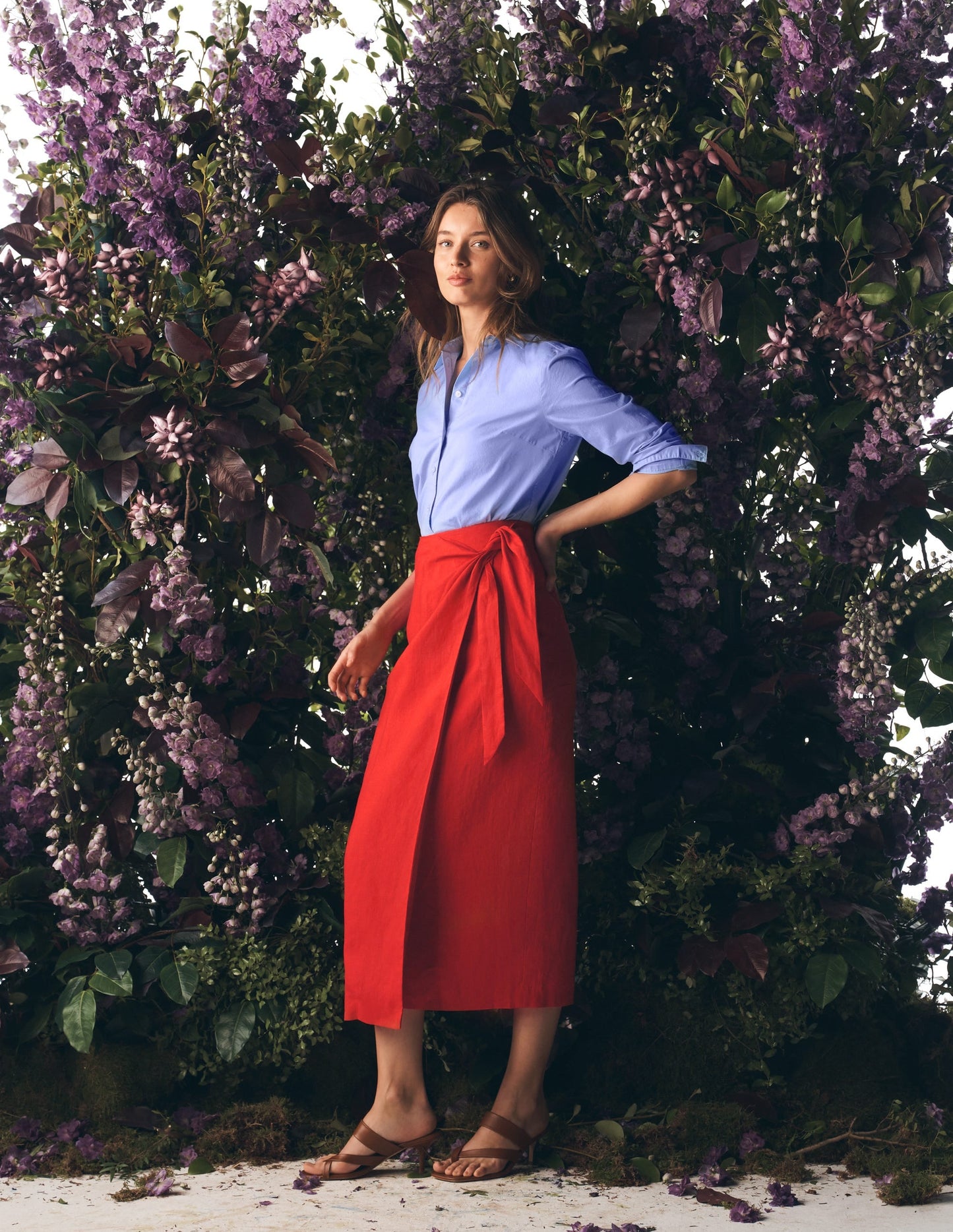 Dimitra Linen Column Skirt-Red Coral