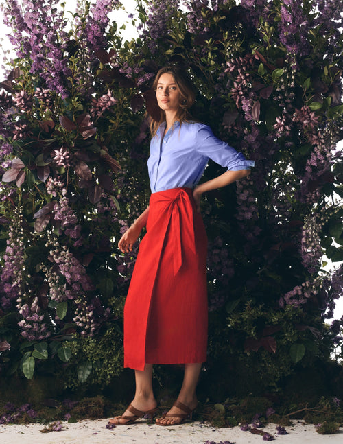 Dimitra Linen Column Skirt-Red Coral