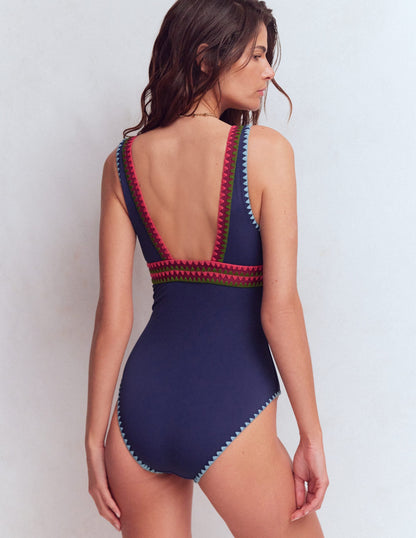 Porto V-neck Swimsuit-Navy, Embroidery