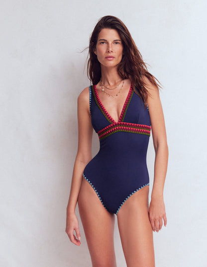 Porto V-neck Swimsuit-Navy, Embroidery