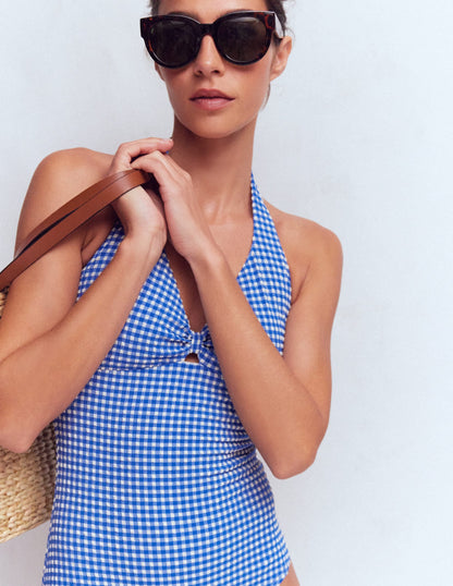 Bow Halter Swimsuit-Bright Blue, Gingham