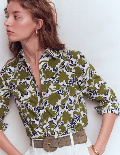 Sienna Cotton Shirt-Olive, Shadow Blossom