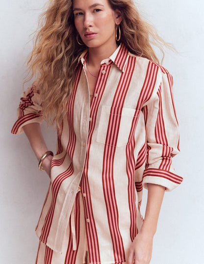 Sadie Relaxed Linen Shirt-Ivory, Brown, Pink Stripe