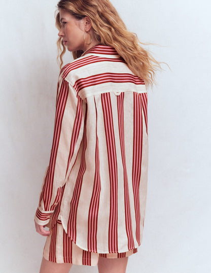 Sadie Relaxed Linen Shirt-Ivory, Brown, Pink Stripe