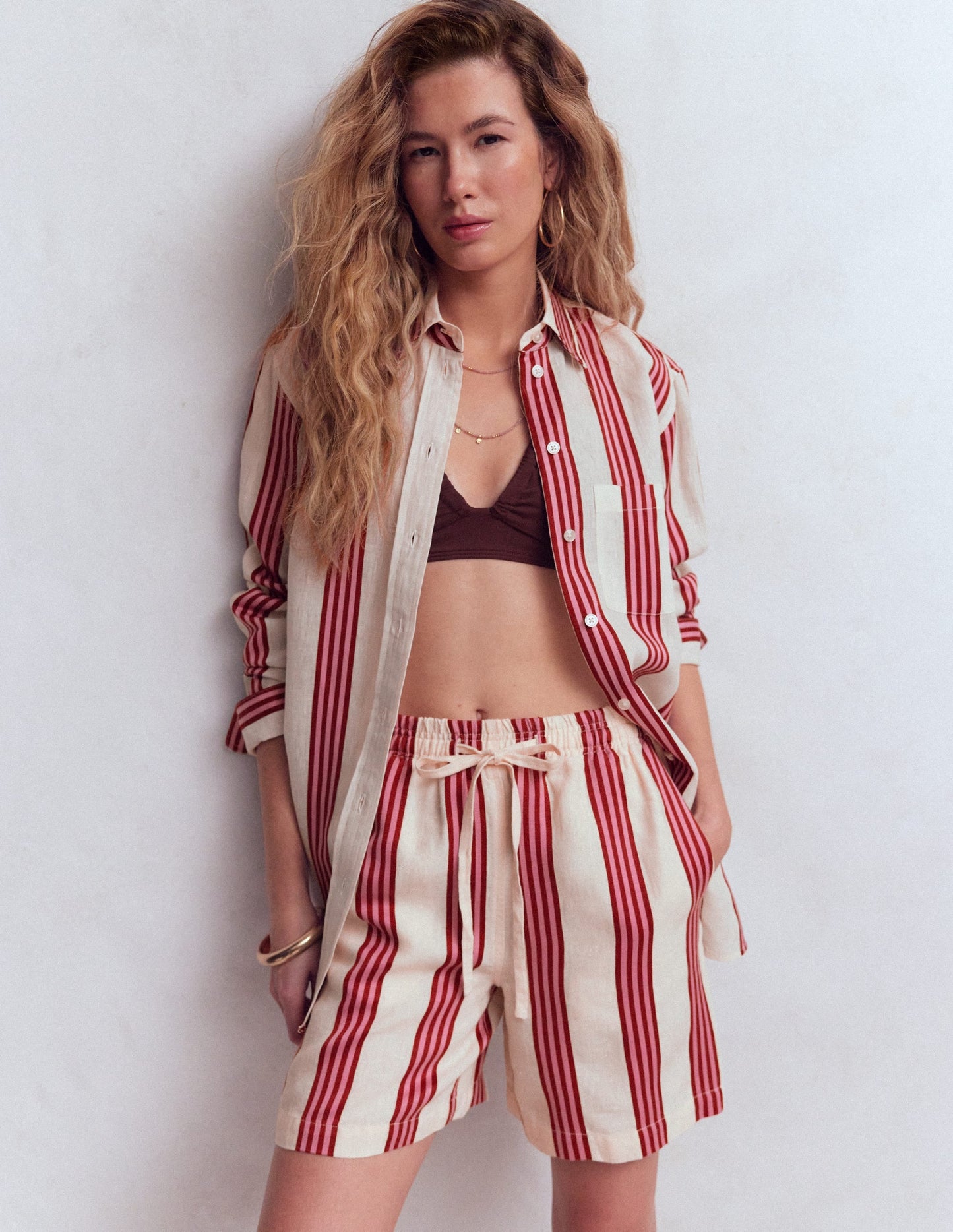 Sadie Relaxed Linen Shirt-Ivory, Brown, Pink Stripe