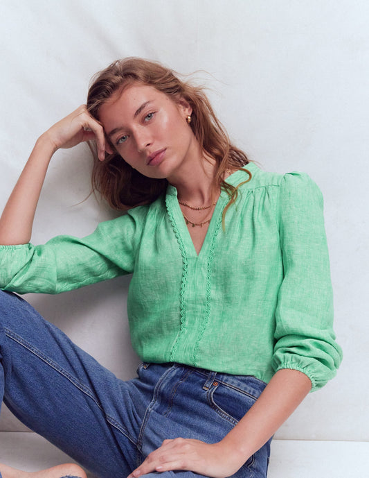 Linen Trim Insert Top-Aloe Green Chambray