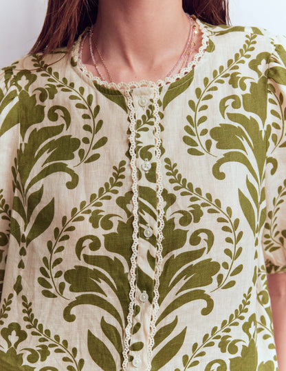 Leah Short Sleeve Linen Top-Green, Decorative Lattice