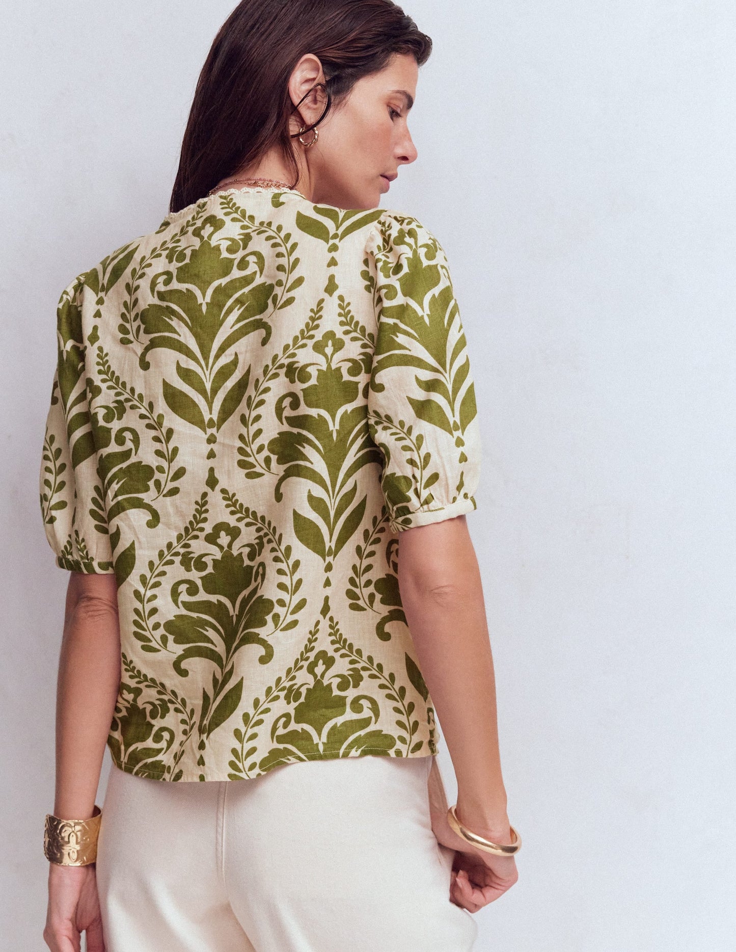 Leah Short Sleeve Linen Top-Green, Decorative Lattice