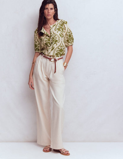 Leah Short Sleeve Linen Top-Green, Decorative Lattice