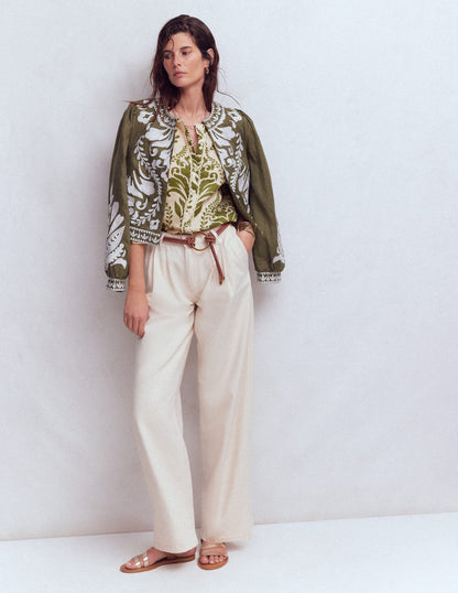 Leah Short Sleeve Linen Top-Green, Decorative Lattice