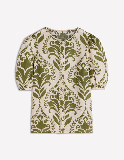 Leah Short Sleeve Linen Top-Green, Decorative Lattice