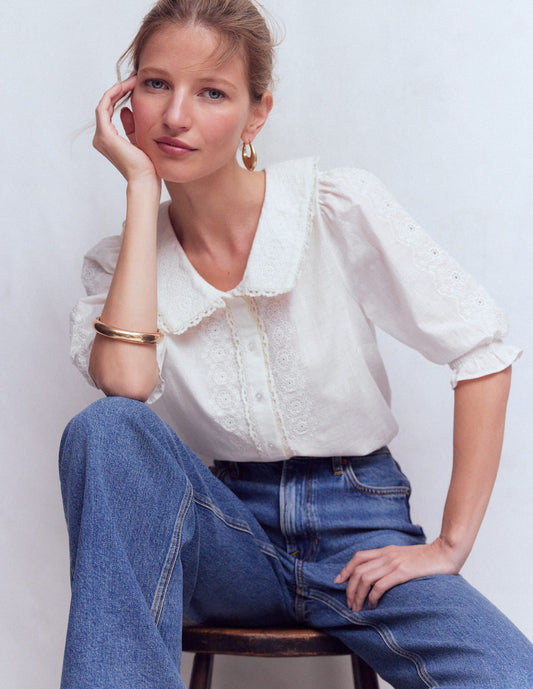 Short Sleeve Pretty Collar Top-White