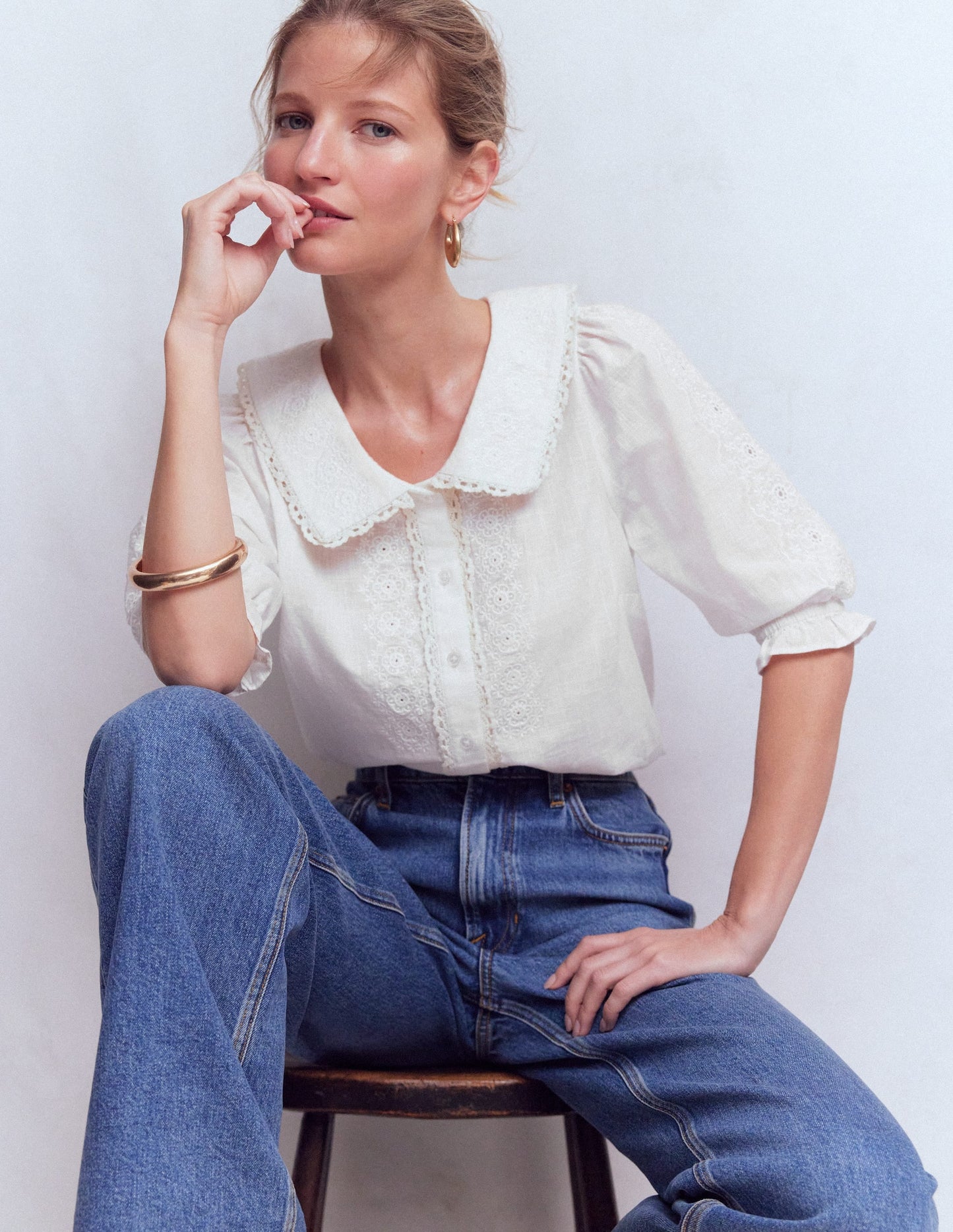 Short Sleeve Pretty Collar Top-White