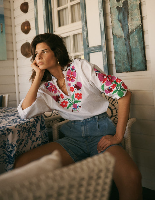 Embroidered Notch Neck Top-Placement Floral Embroidery