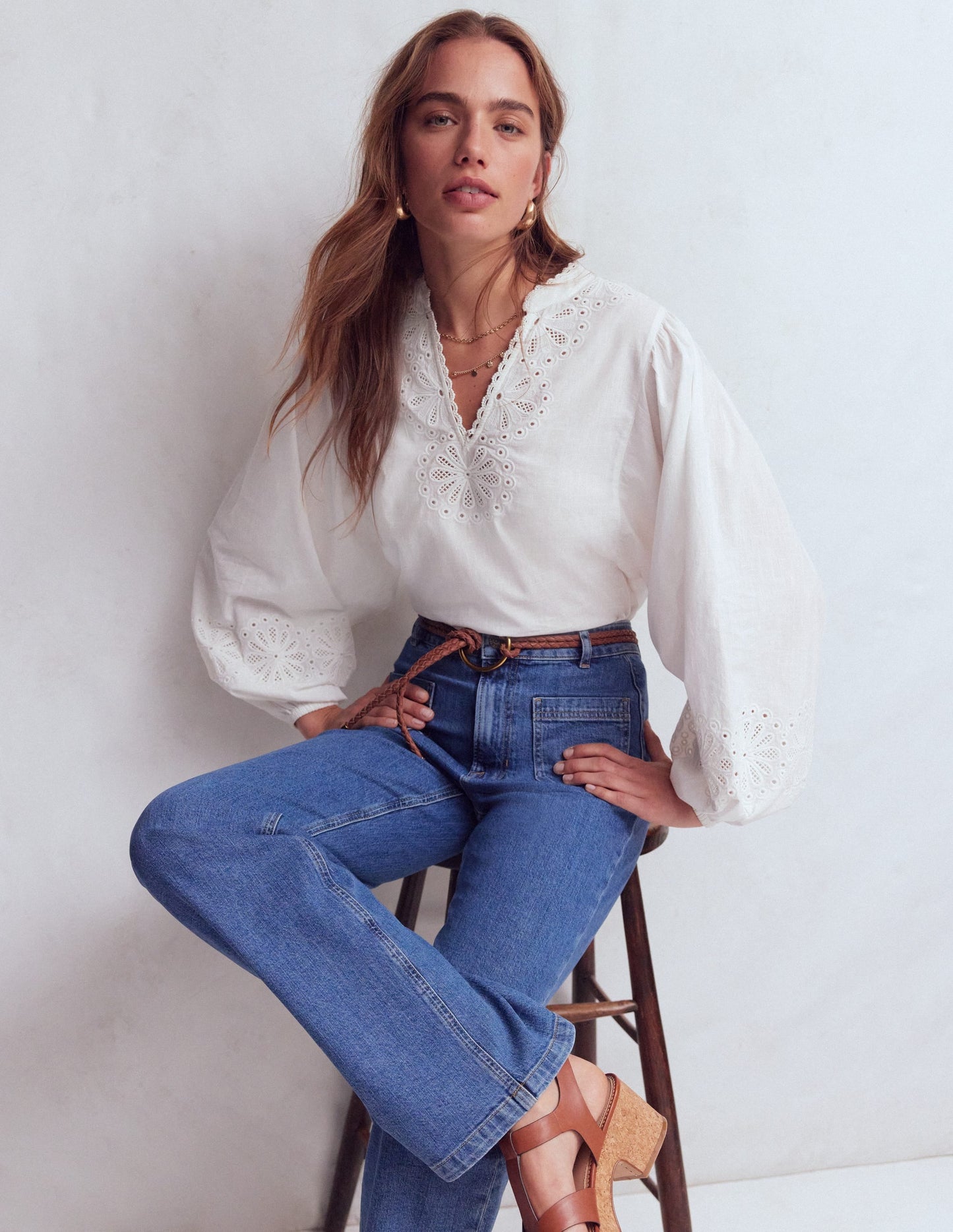 Embroidered Notch Neck Top-White