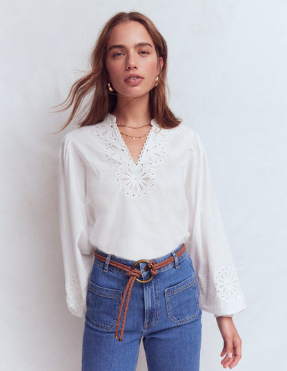 Embroidered Notch Neck Top-White