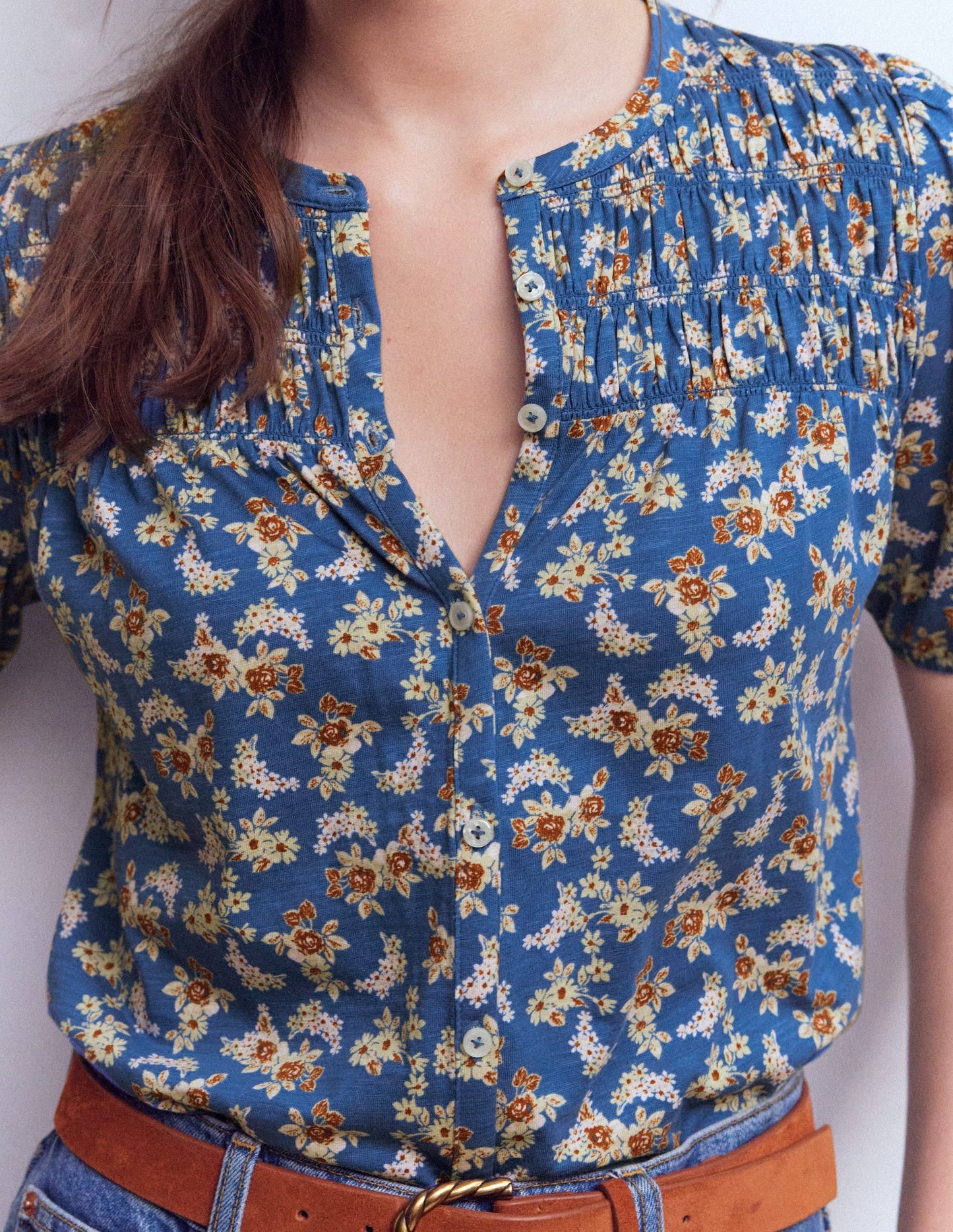 Mya Short Sleeve Smocked Shirt-True Navy, Dainty Blooms