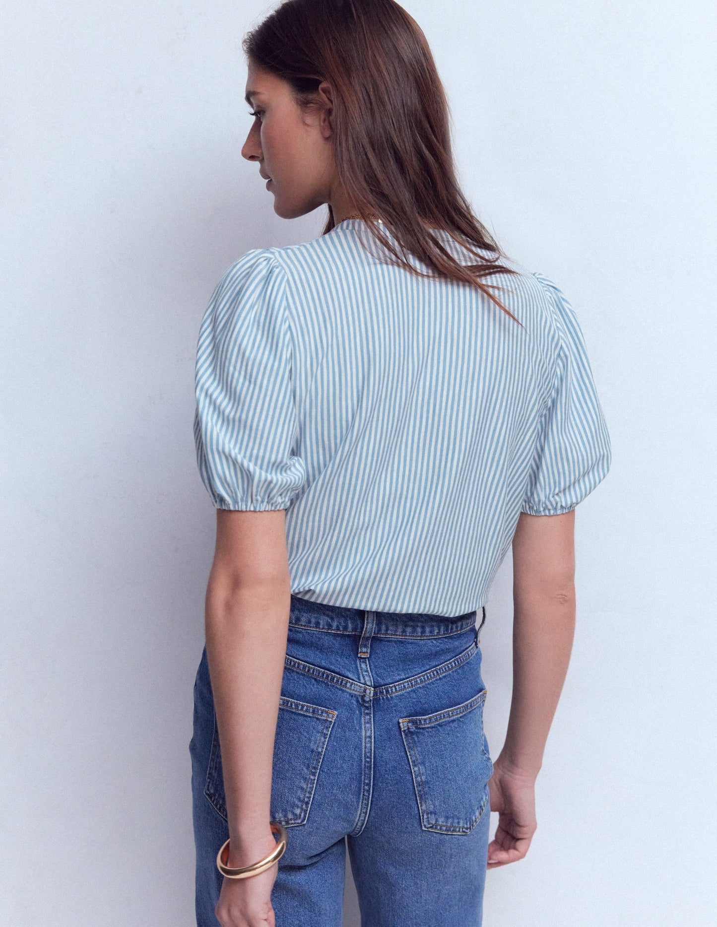 Mya Short Sleeve Smocked Shirt-French Blue and Ivory Stripe