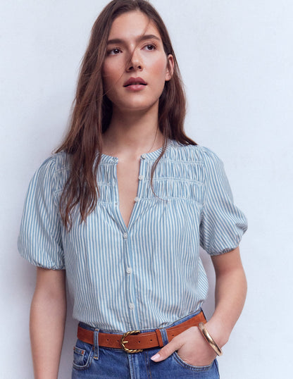 Mya Short Sleeve Smocked Shirt-French Blue and Ivory Stripe