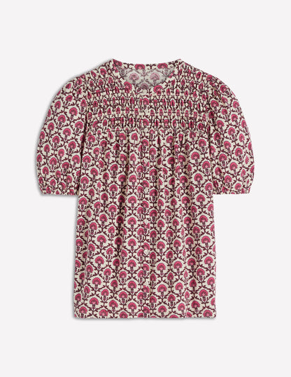 Mya Short Sleeve Smocked Shirt-Strawberry Pink,Flower Lattice