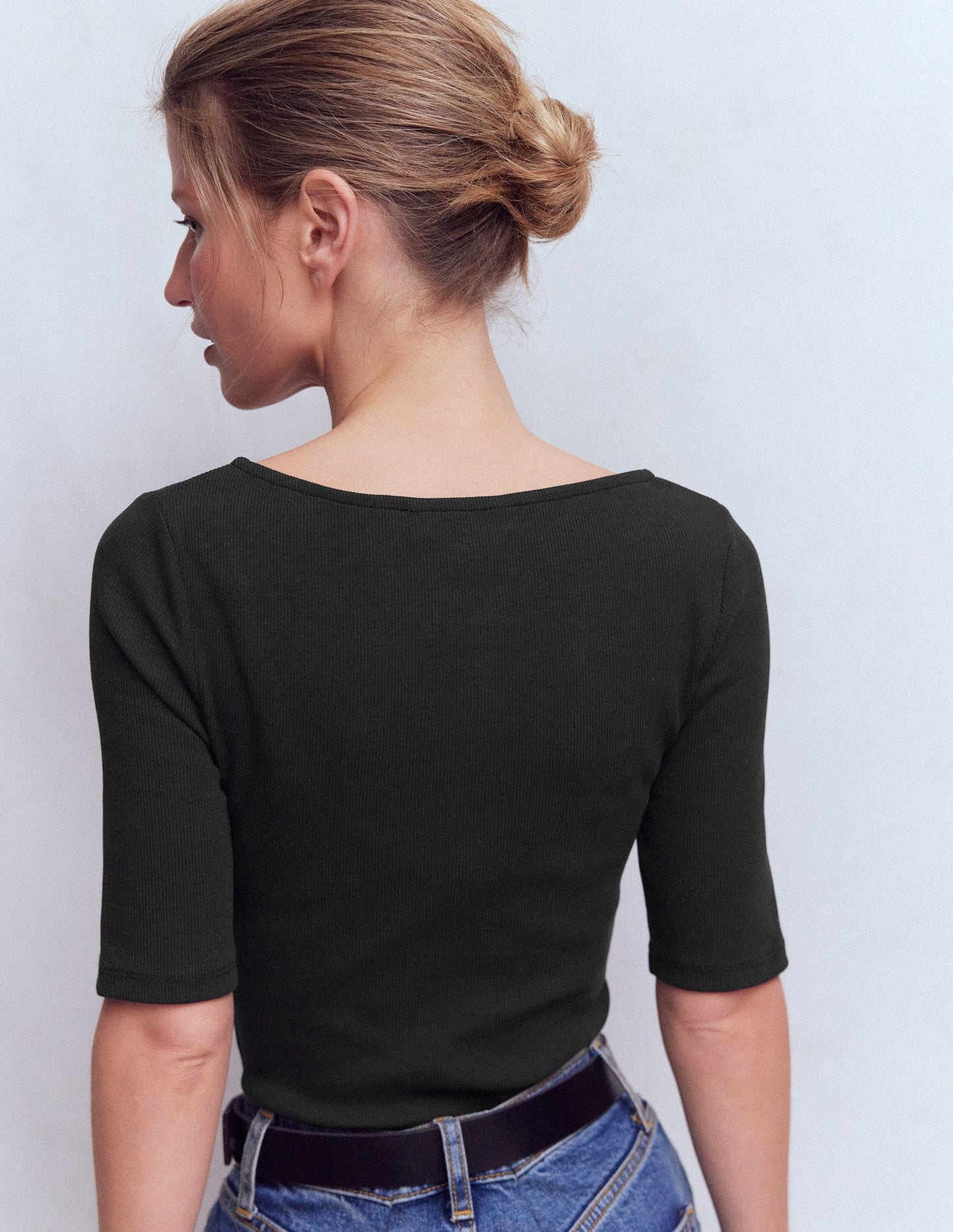 Short Sleeve Rib Henley-Black