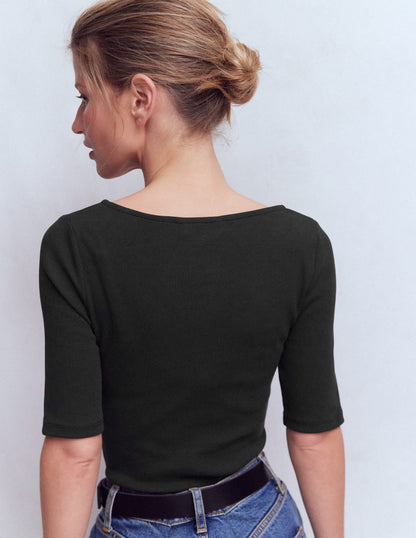 Short Sleeve Rib Henley-Black