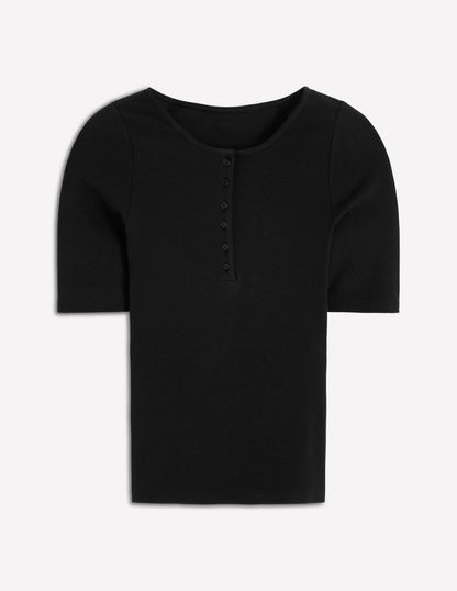 Short Sleeve Rib Henley-Black