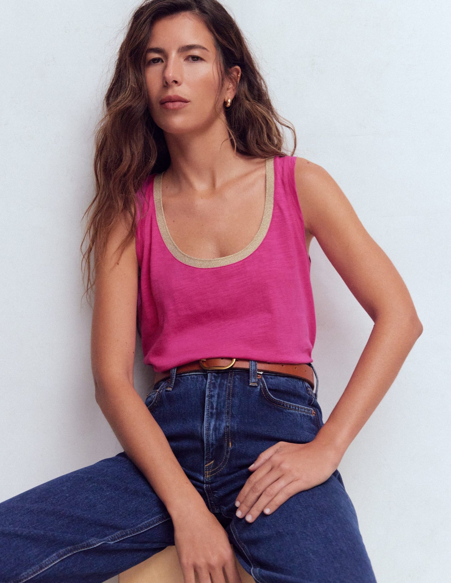 Metallic Trim Scoop Neck Vest-Cosmos Pink