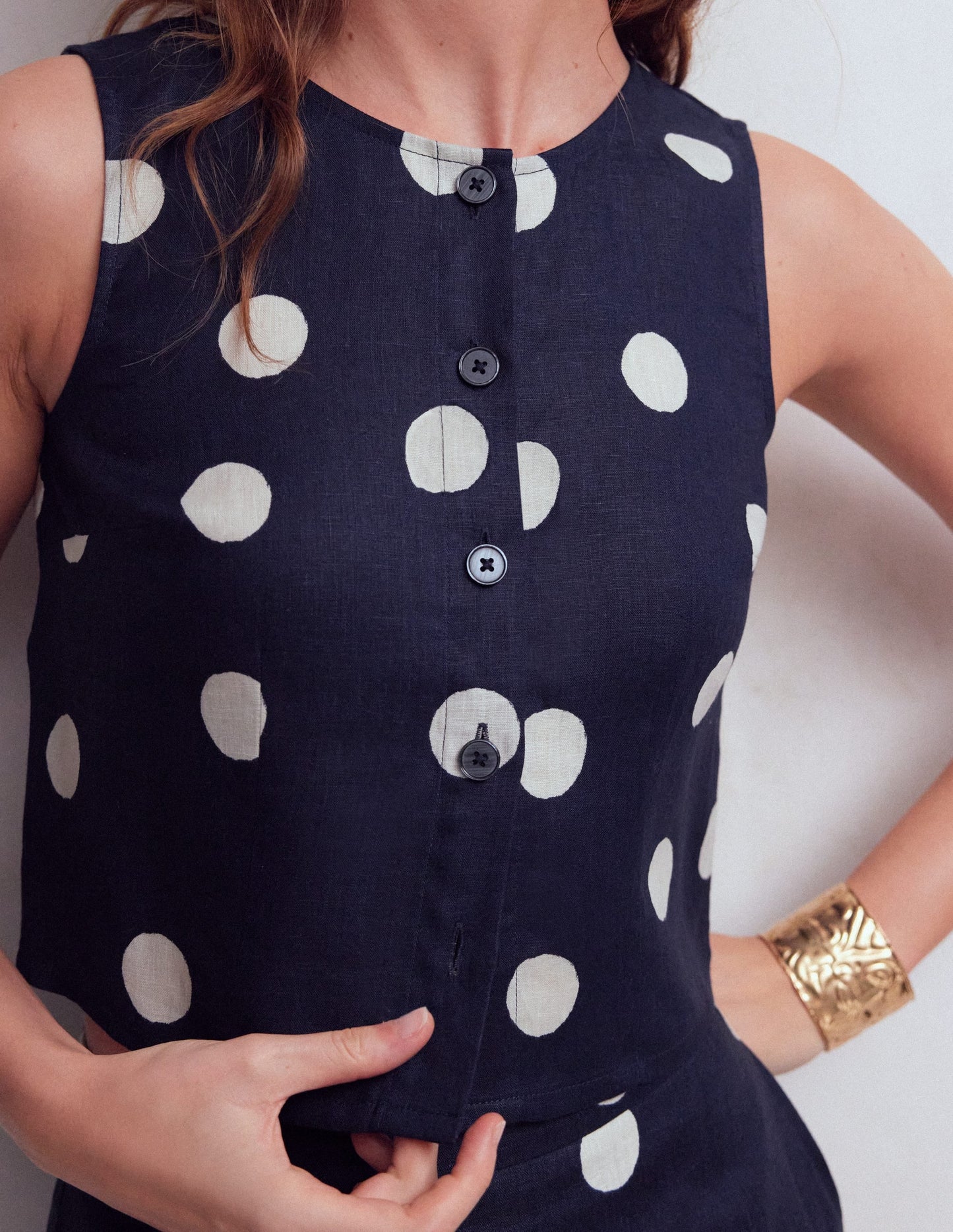 Andrea Linen Shell Top-French Navy, Painted Dot