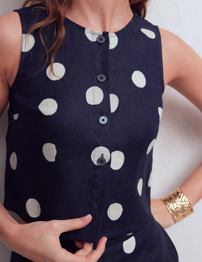 Andrea Linen Shell Top-French Navy, Painted Dot