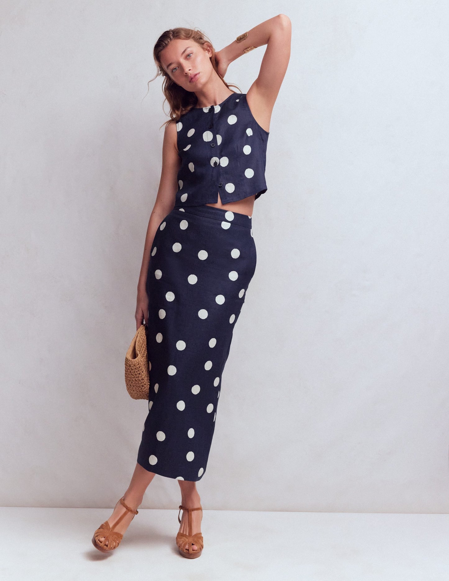 Andrea Linen Shell Top-French Navy, Painted Dot