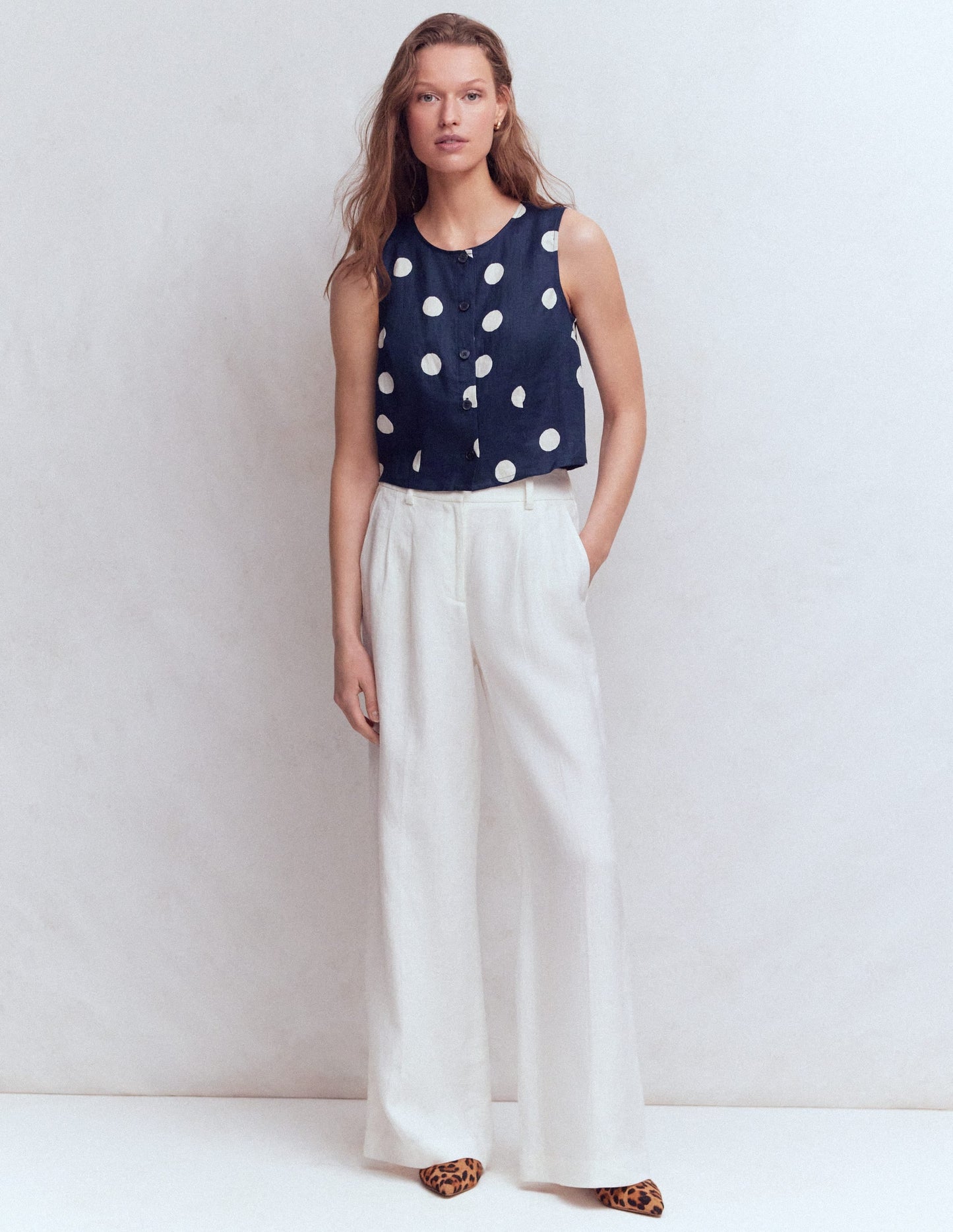 Andrea Linen Shell Top-French Navy, Painted Dot