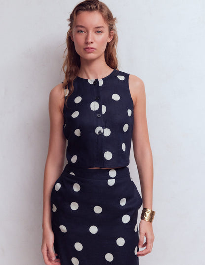 Andrea Linen Shell Top-French Navy, Painted Dot