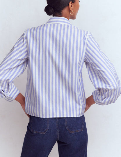 Puff Sleeve Oxford Shirt-Navy, Ivory Stripe