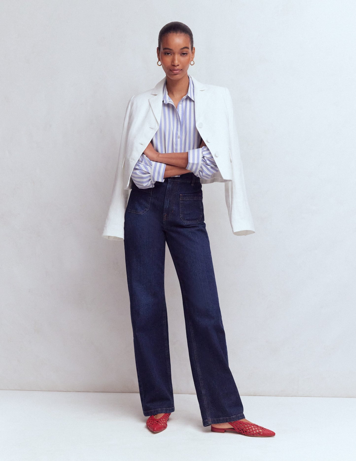Puff Sleeve Oxford Shirt-Navy, Ivory Stripe