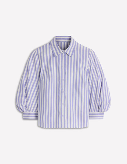 Puff Sleeve Oxford Shirt-Navy, Ivory Stripe