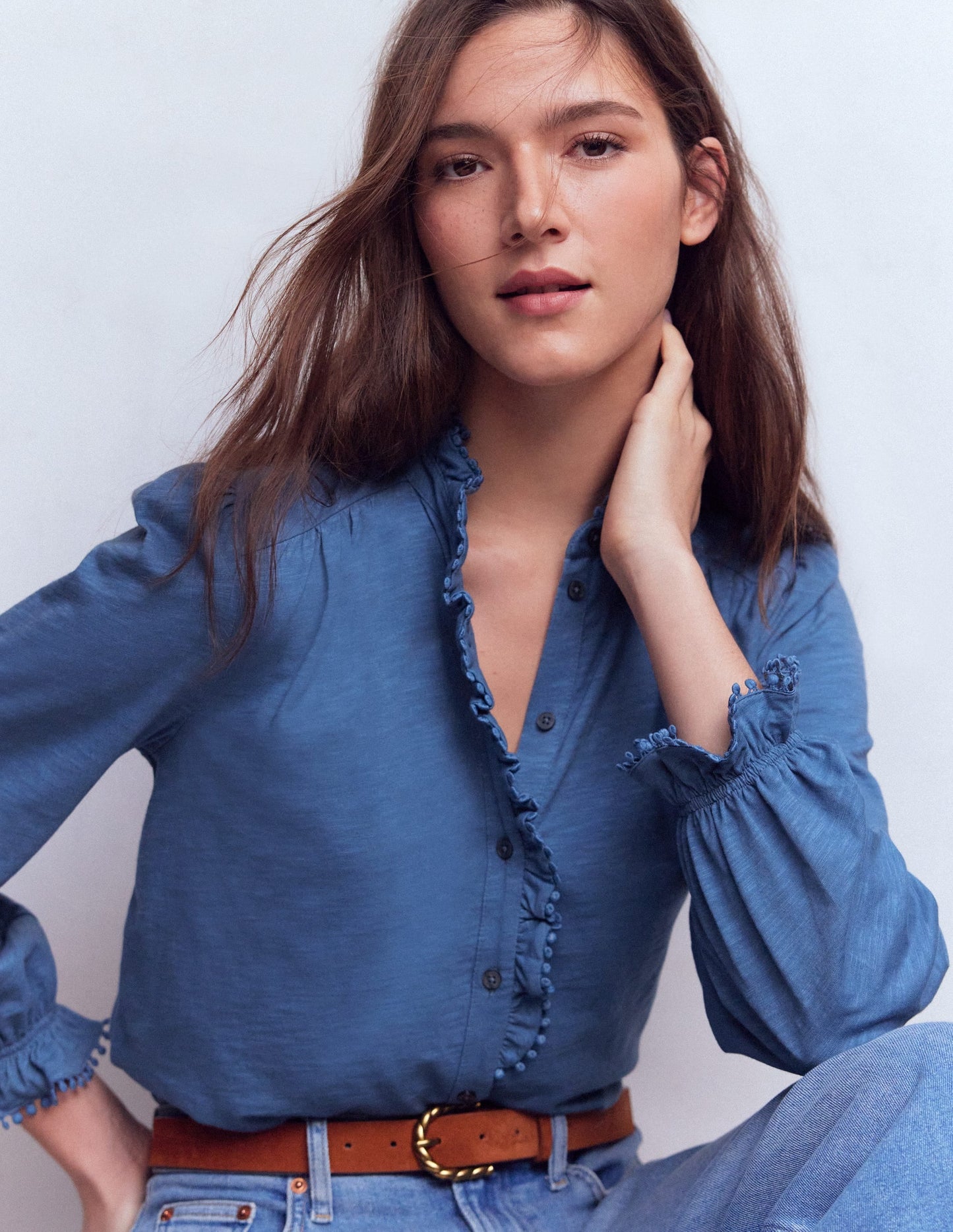 Emily Pom Trim Ruffle Shirt-Denim Blue