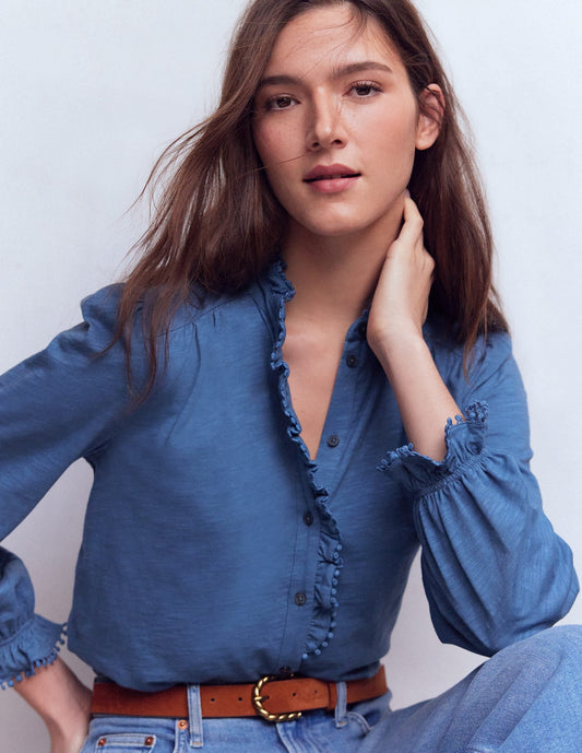 Emily Pom Trim Ruffle Shirt-Denim Blue