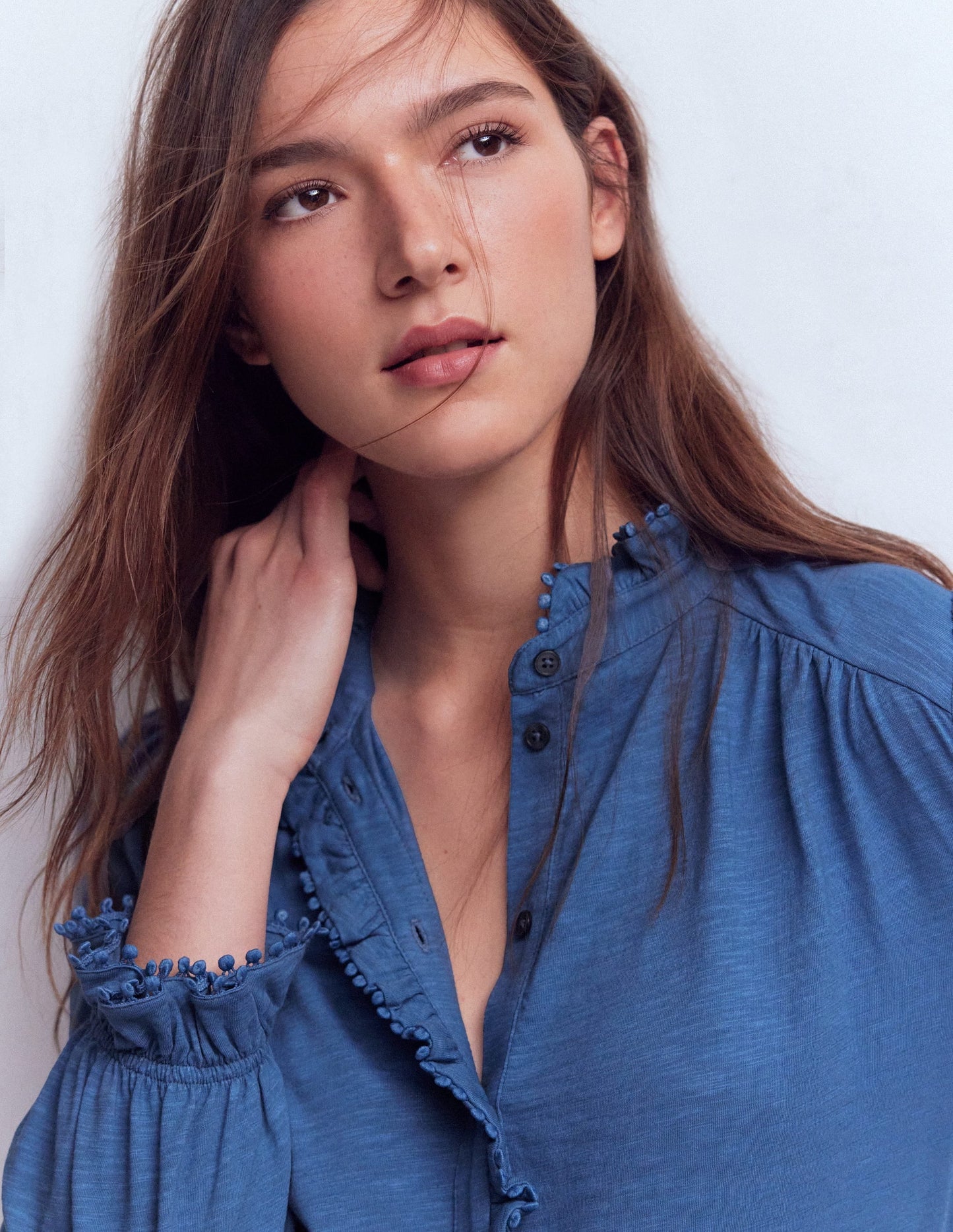 Emily Pom Trim Ruffle Shirt-Denim Blue