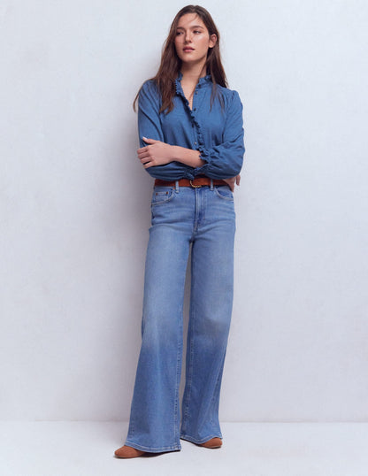 Emily Pom Trim Ruffle Shirt-Denim Blue