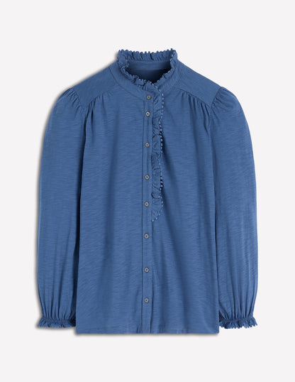 Emily Pom Trim Ruffle Shirt-Denim Blue