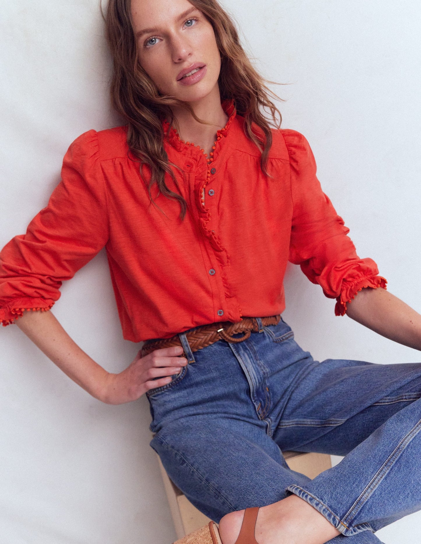 Emily Pom Trim Ruffle Shirt-Blood Orange