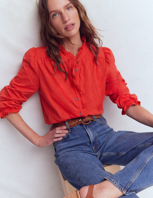 Emily Pom Trim Ruffle Shirt-Blood Orange