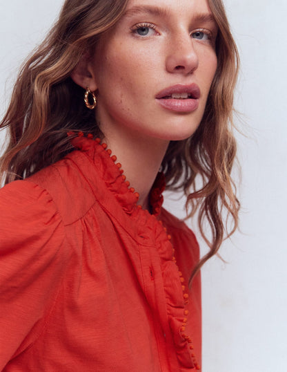 Emily Pom Trim Ruffle Shirt-Blood Orange