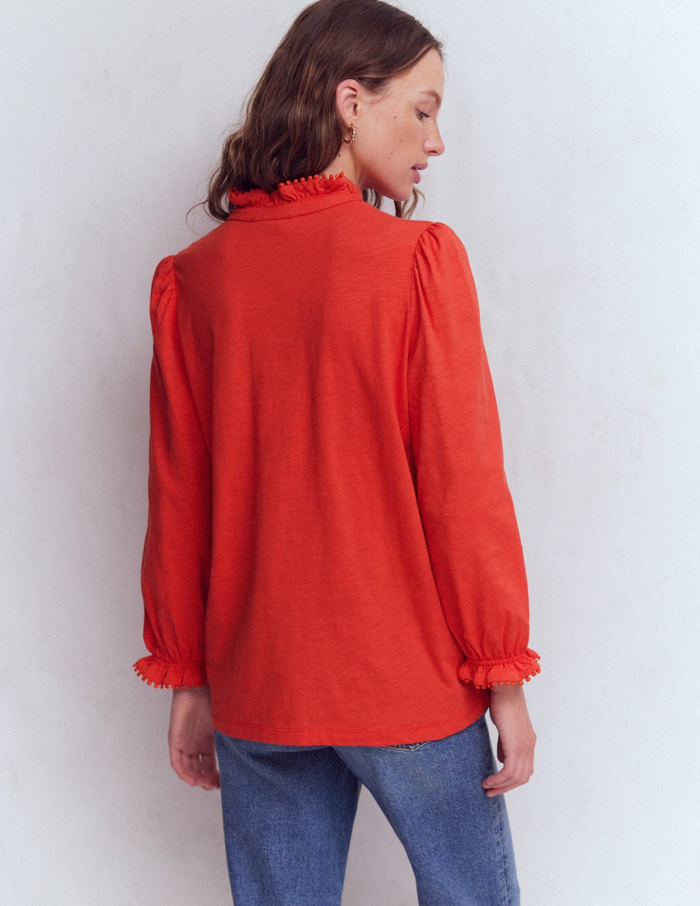 Emily Pom Trim Ruffle Shirt-Blood Orange