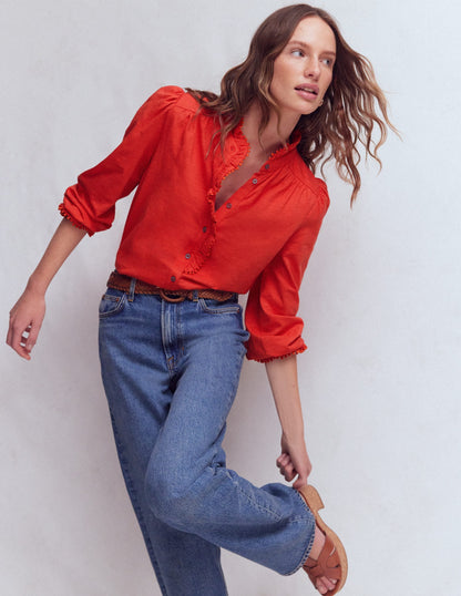Emily Pom Trim Ruffle Shirt-Blood Orange
